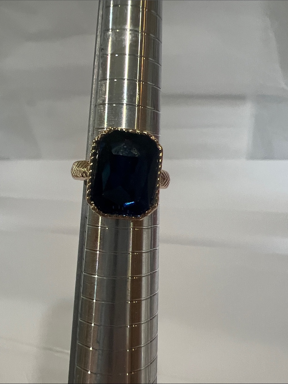 Gold Ring with Deep Blue Rectangular Stone - Women's Jewelry